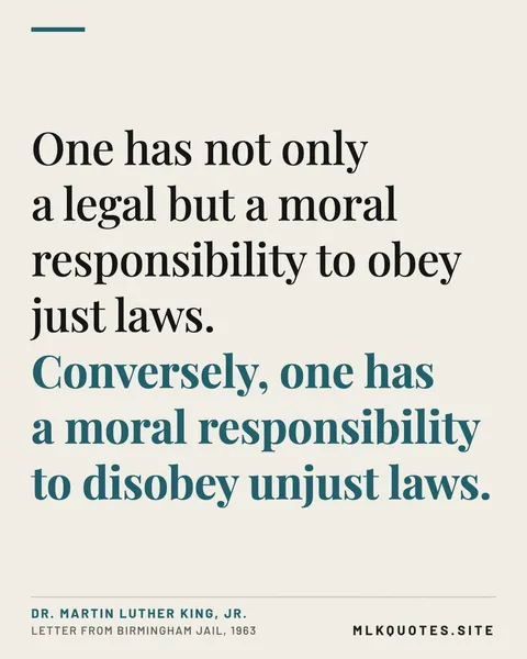Quote image: “One has not only a legal but a moral responsibility to obey just laws. Conversely, one has a moral responsibility to disobey unjust laws.” Martin Luther King Jr., Letter from Birmingham Jail, 1963.