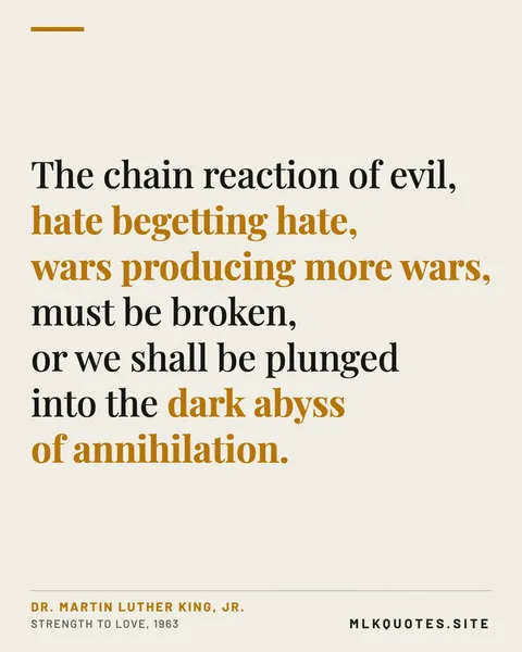Quote image: “The chain reaction of evil, hate begetting hate, wars producing more wars, must be broken, or we shall be plunged into the dark abyss of annihilation.” Martin Luther King Jr., Strength to Love, 1963.