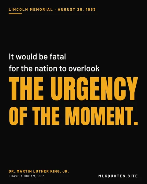 Quote image: “It would be fatal for the nation to overlook the urgency of the moment.” Martin Luther King Jr., I Have a Dream, 1963.