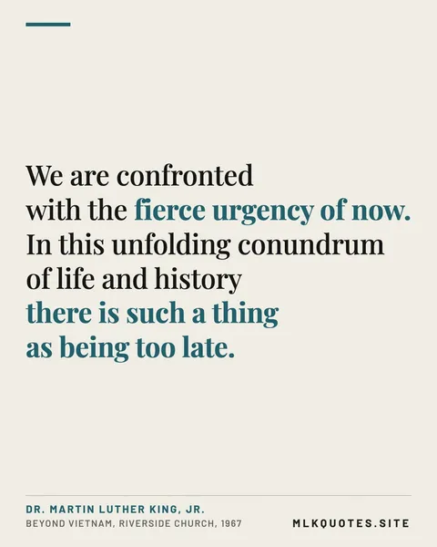 Quote image: “We are confronted with the fierce urgency of now. In this unfolding conundrum of life and history there is such a thing as being too late.” Martin Luther King Jr., Beyond Vietnam, Riverside Church, 1967.
